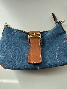 Denim and Tan Leather Shoulder Bag with Gold Buckle